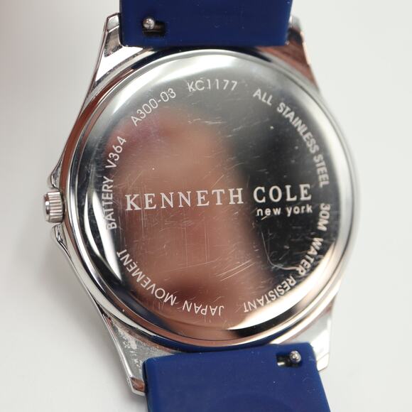 Kenneth Cole NY Mens Day Date Watch 37mm Silver Tone Blue Silicone w New Battery - Picture 16 of 16